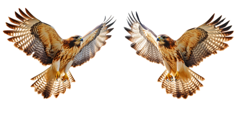 Majestic hawks soar with wings spread showcasing intricate feather detail