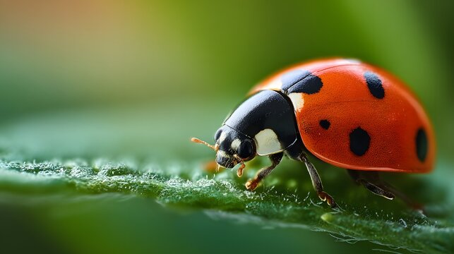 Close up of a vibrant red ladybug with black spots on a green leaf.