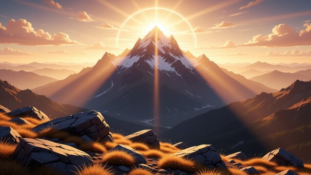 Sunset over snowcapped mountain peaks with golden rays