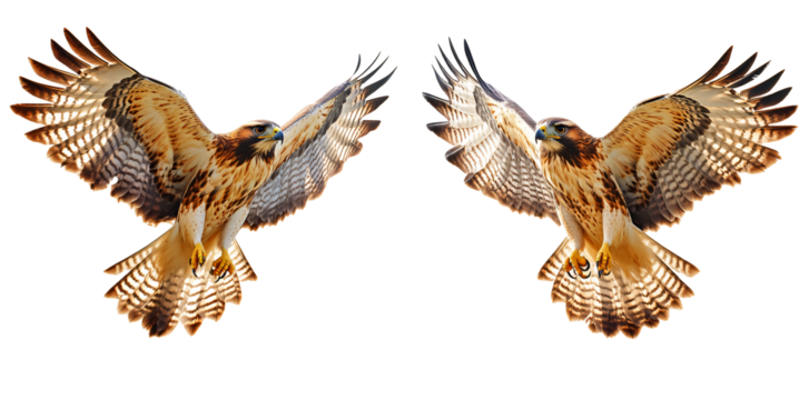 Majestic hawks soar with wings spread showcasing intricate feather detail