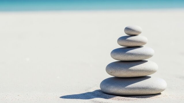Stack of smooth, grey stones balanced on a white sandy beach against a blurred background of turquoise sea and sky.
