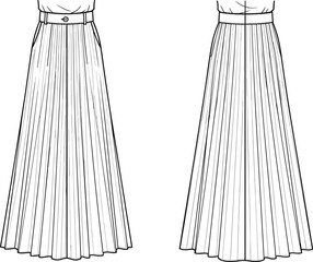 Women's pleated long skirt technical flat, maxi skirt CAD template, fashion vector illustration, sewing pattern, clothing design, apparel flat sketch