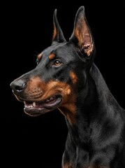 Close-up portrait of a doberman pinscher dog with cropped ears, black and tan fur, against a dark background, looking alert and focused