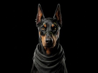 Doberman pinscher portrait with scarf and ear piercing on black background