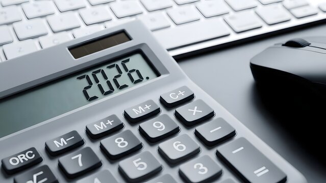 Close up of a calculator displaying the year two thousand twenty six with keyboard and mouse nearby - Powered by Adobe