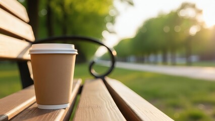 A disposable paper coffee cup sits on a wooden bench in a sunny park at sunrise or sunset.