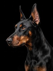 Close-up profile of a sleek Doberman Pinscher dog with cropped ears and amber eyes against a black background, showcasing its elegant and alert nature