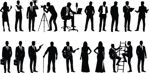 Collection of black silhouette vector illustrations featuring businessmen, musicians, photographers, and women in dresses, isolated on white background, professional career concept.