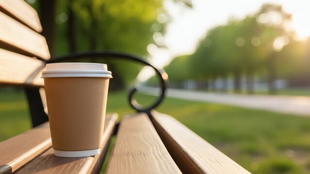 A disposable paper coffee cup sits on a wooden bench in a sunny park at sunrise or sunset.