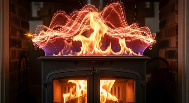 Abstract light trails dance above a warm fireplace flames - Powered by Adobe