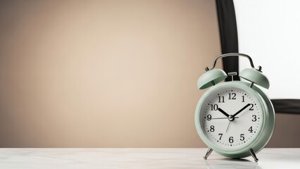 A mint green retro alarm clock stands on a white surface against a soft beige background.