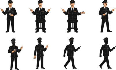 Cad drawing flat vector illustration of airline pilot officer in uniform showing different poses, walking, pointing, sitting, holding, and standing positions