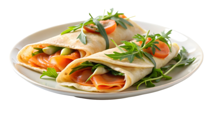 Savory salmon wraps with fresh arugula and tomato, perfect for a light lunch or brunch, offering a healthy and delicious culinary experience