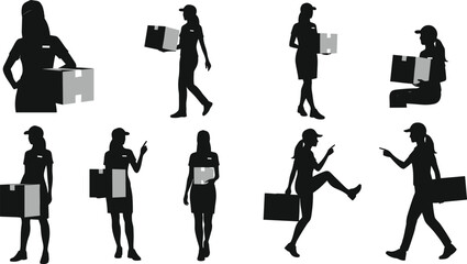 Cad drawing flat vector illustration of delivery woman walking sitting holding box pointing gesture courier worker silhouette professional design