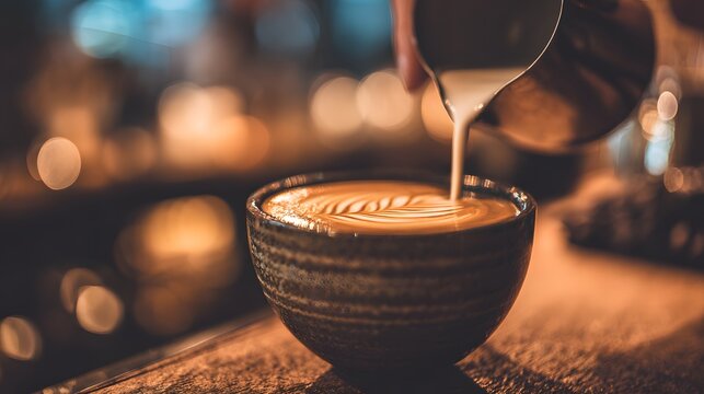 Close-up of a barista pouring steamed milk into a cup of coffee, creating latte art in a cozy cafe setting with bokeh lights.