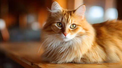Close-up of a beautiful fluffy ginger cat with green eyes lying on a wooden surface, looking directly at the camera.