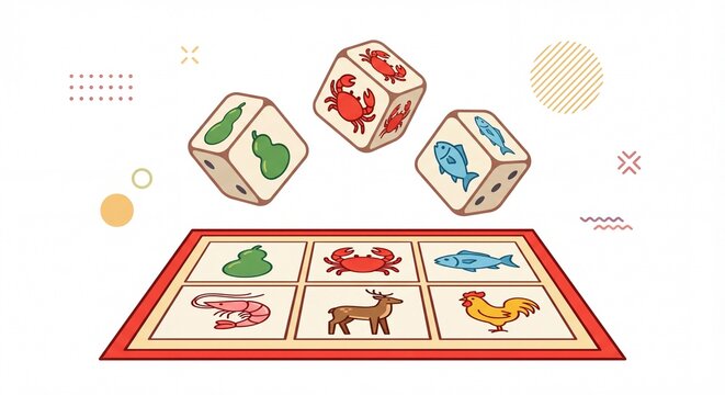 Bau Cua Tom Ca vietnamese gambling game board and rolling dices with six mascot animals vector illustration.