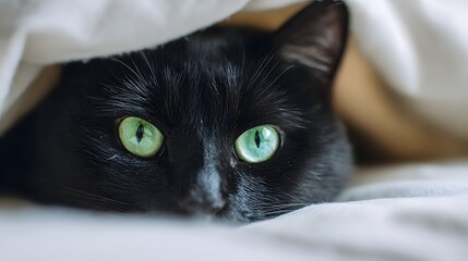 Close-up of a black cat with striking green eyes peeking from under a white blanket.