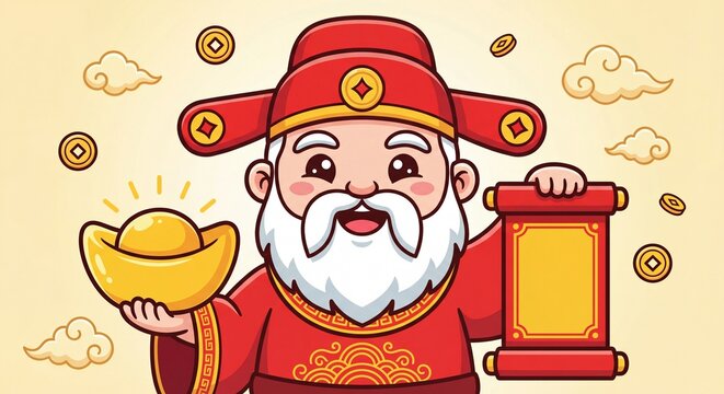 Cute cartoon chinese god of wealth holding big gold ingot and scroll banner for lunar new year prosperity.