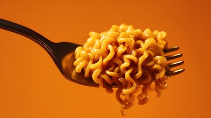 Close-up of a black fork holding a mouthful of spicy instant ramen noodles against a vibrant orange background.