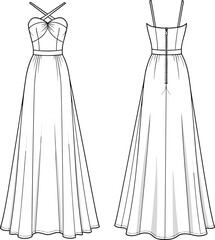 Elegant women long maxi evening gown CAD drawing, sleeveless criss cross neckline dress with flare skirt, technical flat vector illustration