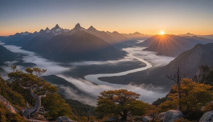 Majestic mountain landscape at sunrise, river flowing through the valley, shrouded in mist and fog