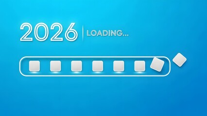 A loading bar with the year two thousand twenty six on a blue background with loading text above it