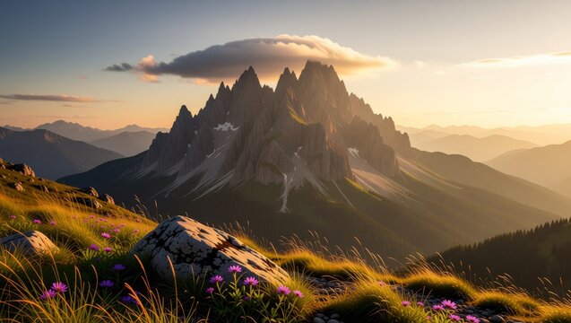 Mountain range with purple flowers and sunset glow