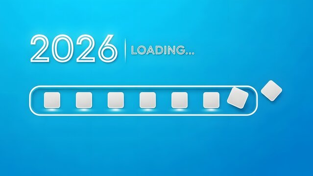 A loading bar with the year two thousand twenty six on a blue background with loading text above it
