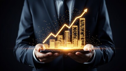 Businessman holding smartphone with glowing growth graph and city skyline