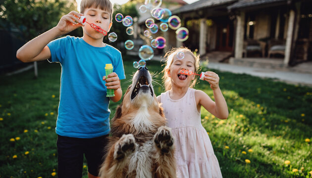 Playful children blowing bubbles with joyful dog trying to catch them in sunny backyard, creating happy and lively family moment outdoors - Powered by Adobe