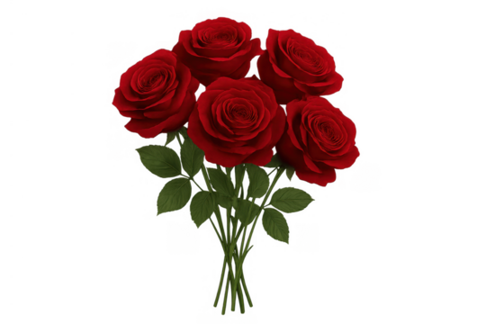 Red roses bouquet with vibrant blooms and green leaves, representing love and romantic gestures. Transparent background