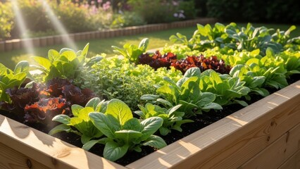 Lush Vegetable Garden in Raised Bed with Sunlight Filtering Through Plants, Healthy Organic