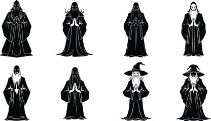Mystical wizard silhouette collection with long beard and robe, fantasy magician character design, dark sorcerer illustration, magic master vector art