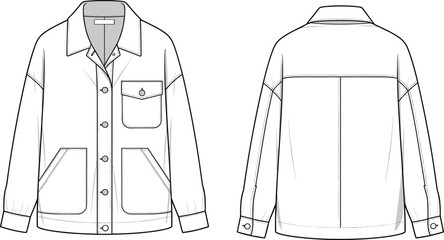 Oversized Utility Shirt Jacket Flat Sketch Fashion Technical Drawing Vector CAD Illustration: Dropped Shoulders, Large Patch Pockets, Pointed Collar, and Buttoned Cuffs,