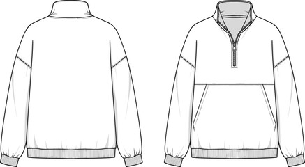 Quarter-zip sweatshirt fashion sketch, front and back view, pullover design, technical drawing, cad drawing flat vector illustration, garment template