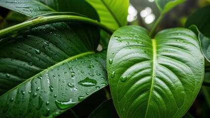 Close up of vibrant green leaves with water droplets showcasing nature's beauty