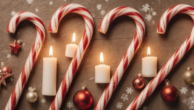 Festive arrangement four candy canes with candles and ornaments, snow flurries