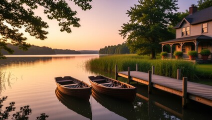 Sunset lake with docked boats and house