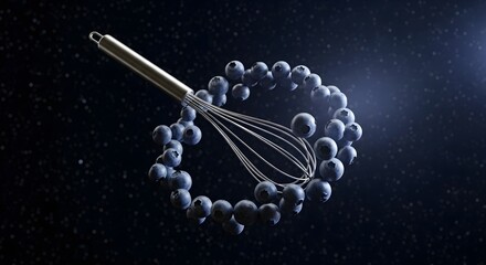 Fresh blueberries whirl around a metallic kitchen whisk utensil