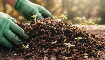 Hands in Gloves Planting Seedlings in Fertile Soil Under Sunlight, Promoting Growth and