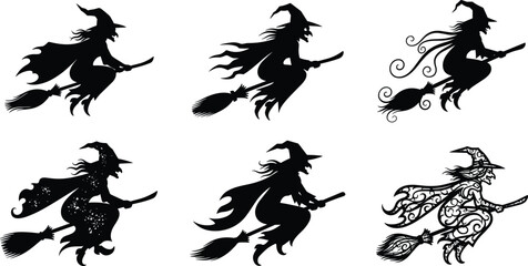Silhouette collection of flying witches on broomsticks, Halloween witch vector illustration, spooky female sorceress, magical broom flight, fantasy design