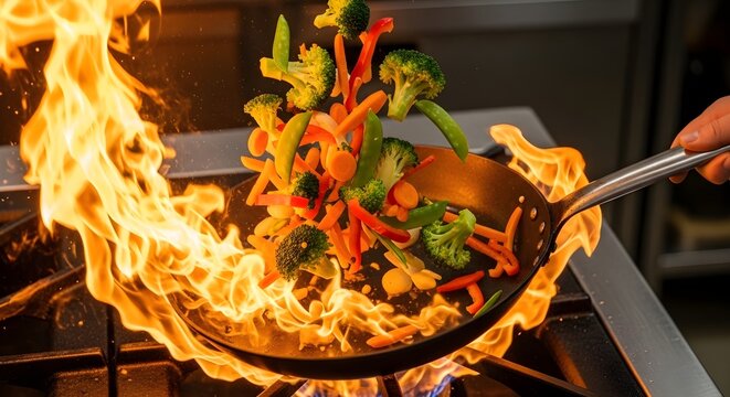 Chef tossing fresh vegetables in a fiery hot pan, dynamic cooking.