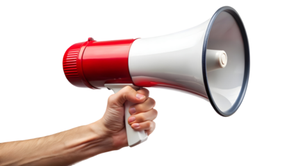 Amplify your message with this vibrant red and white megaphone held confidently, perfect for announcements, promotions, or powerful communication