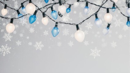Festive image with string lights and falling snowflakes on a gray background