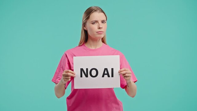 Disagree Woman Holds Sign No Ai With Serious Face, Studio Visual Protest on Blue