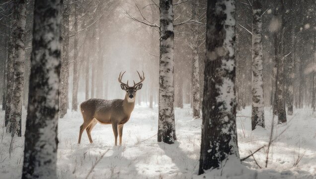 A majestic buck with antlers stands serenely in a snowy birch forest