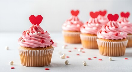 Delicious cupcakes with pink frosting and heart-shaped decorations, arranged beautifully on a white surface, perfect for celebrating Valentine's Day with loved ones and sweet moments