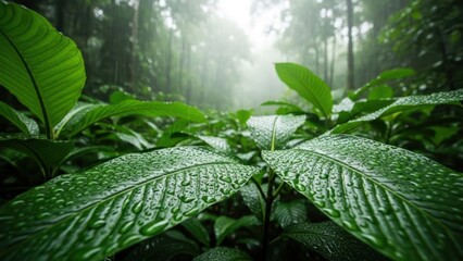 Lush Tropical Rainforest Canopy with Vibrant Green Foliage and Refreshing Rain Showers