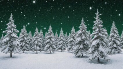 Winter scene of snow-covered fir trees under a starry green night sky
